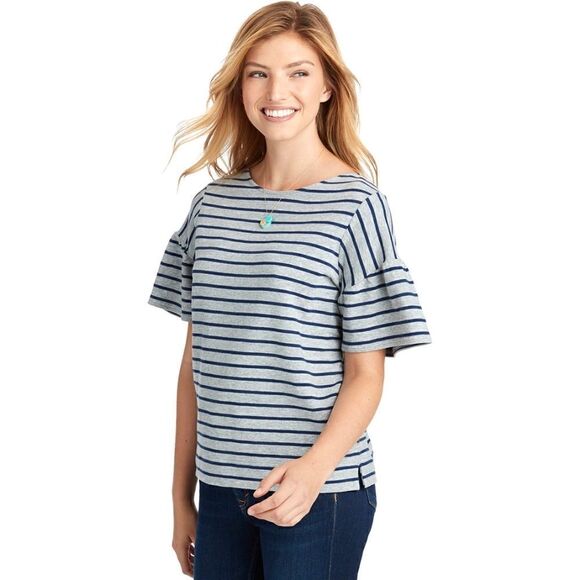 Vineyard Vines Short Ruffle Sleeve Striped Gray & Navy Blue Blouse Top Size M - Picture 1 of 9